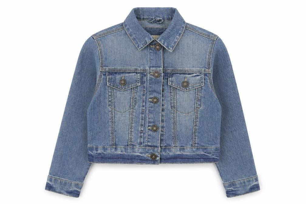 Front view of Jennyfer girls’ blue jacket, size 5, years button