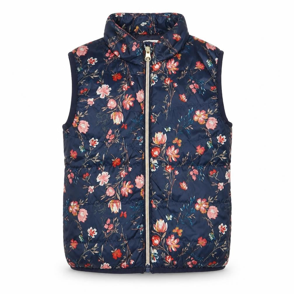 Front view of NAME IT girls’ blue floral gilet jacket, size 5, years zip