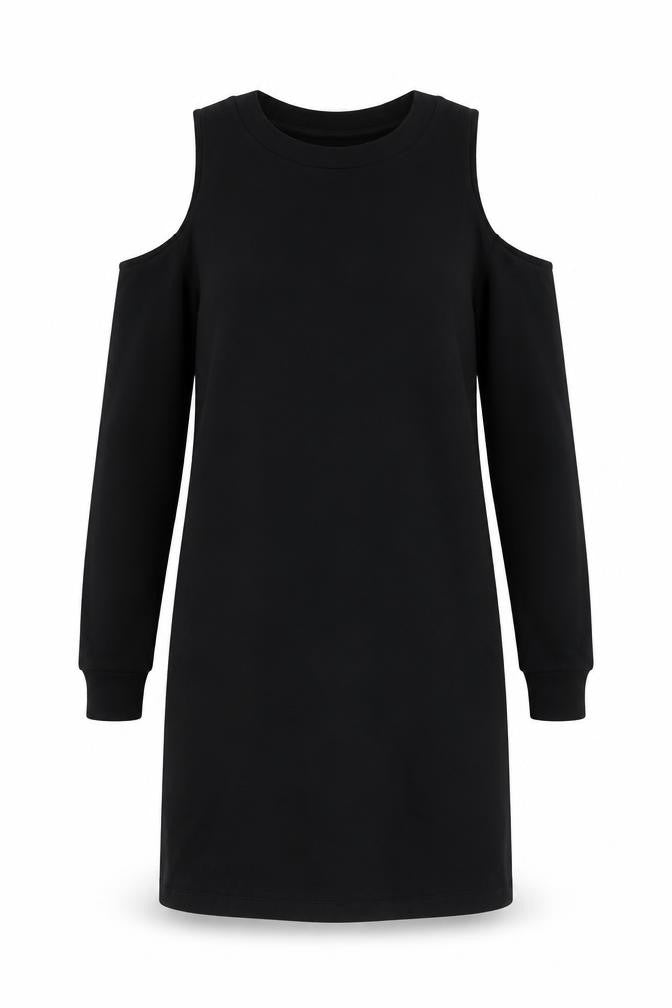 Front view of ASOS women’s black cotton a-line, size UK 8, crew neck - cold shoulder