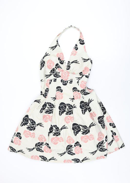 Warehouse Womens Ivory Floral Cotton A-Line Size 10 Halter Zip