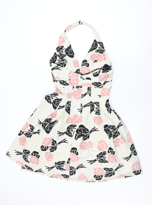 Warehouse Womens Ivory Floral Cotton A-Line Size 10 Halter Zip