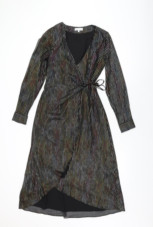 Warehouse Womens Black Striped Polyester Wrap Dress Size 12 V-Neck Tie
