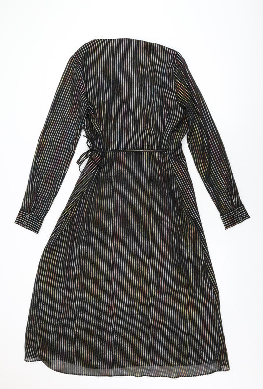 Warehouse Womens Black Striped Polyester Wrap Dress Size 12 V-Neck Tie