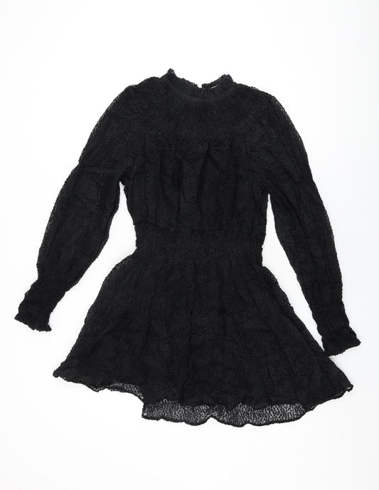 H&M Womens Black Polka Dot Polyamide Skater Dress Size 10 Round Neck Button