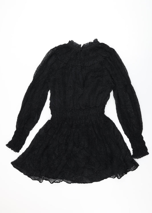 H&M Womens Black Polka Dot Polyamide Skater Dress Size 10 Round Neck Button
