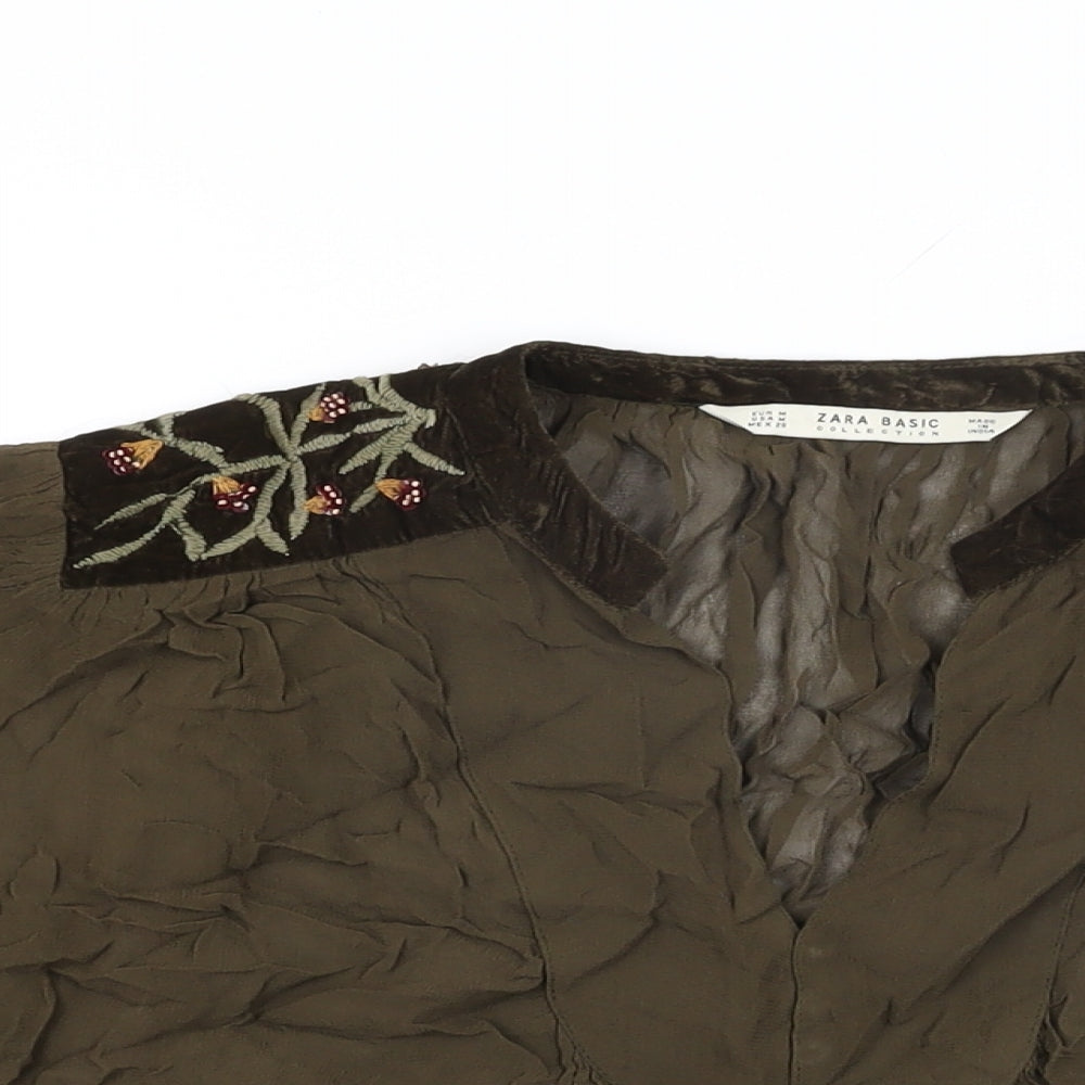 Zara Womens Green Viscose Basic Blouse Size M V-Neck
