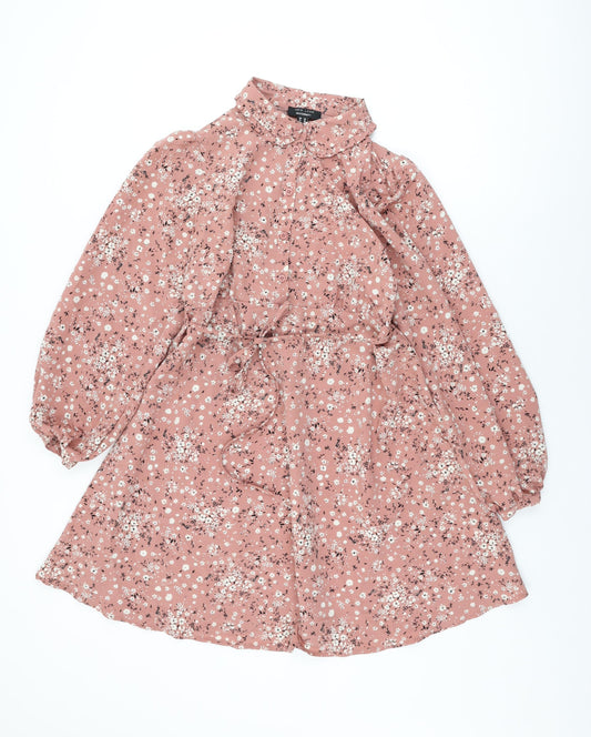 New Look Womens Pink Floral Polyester Skater Dress Size 10 Collared Button