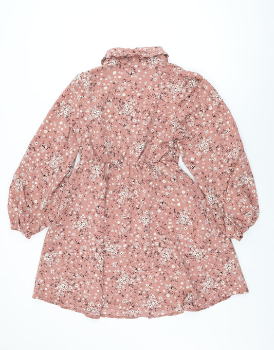 New Look Womens Pink Floral Polyester Skater Dress Size 10 Collared Button