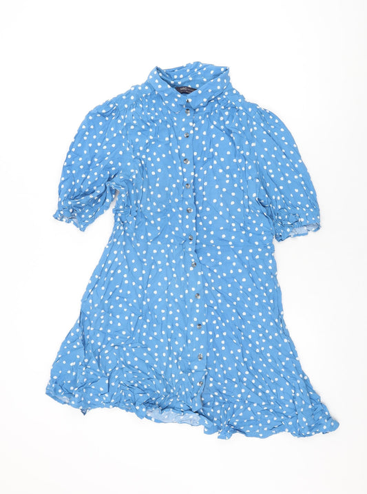 Marks and Spencer Womens Blue Polka Dot Viscose Skater Dress Size 12 Collared Button