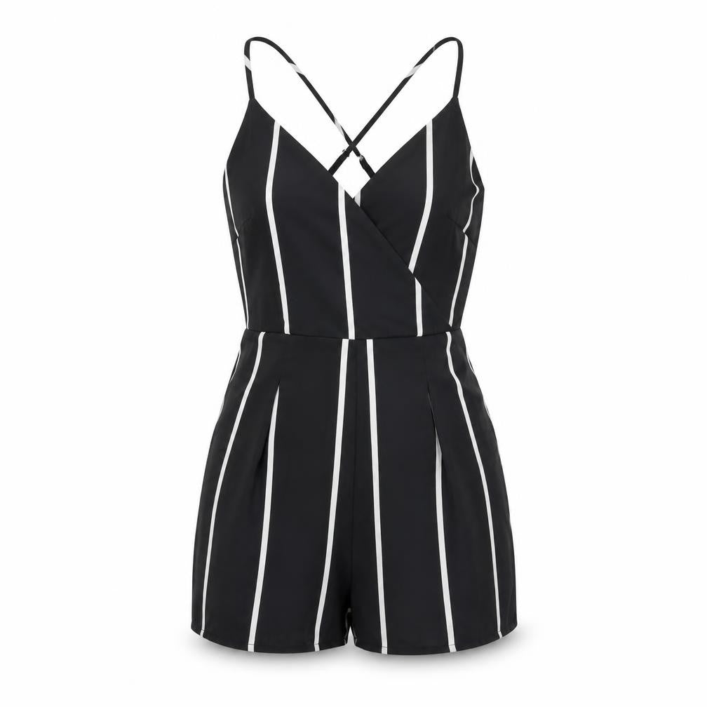 Front view of Missguided women’s black striped polyester playsuit one-piece, size UK 6, zip