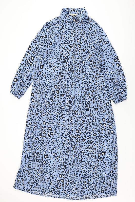 Sarta Womens Blue Animal Print Viscose Shirt Dress Size S Collared Button