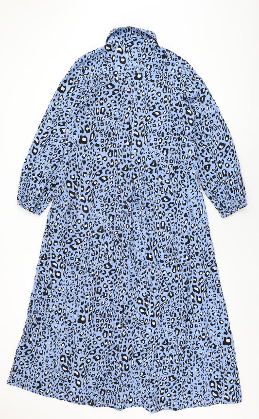 Sarta Womens Blue Animal Print Viscose Shirt Dress Size S Collared Button