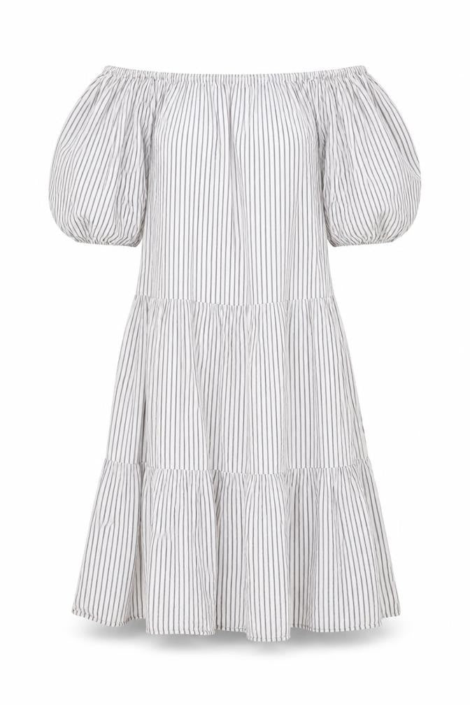 Front view of ASOS women’s white striped polyester a-line, size UK 8, off the shoulder pullover
