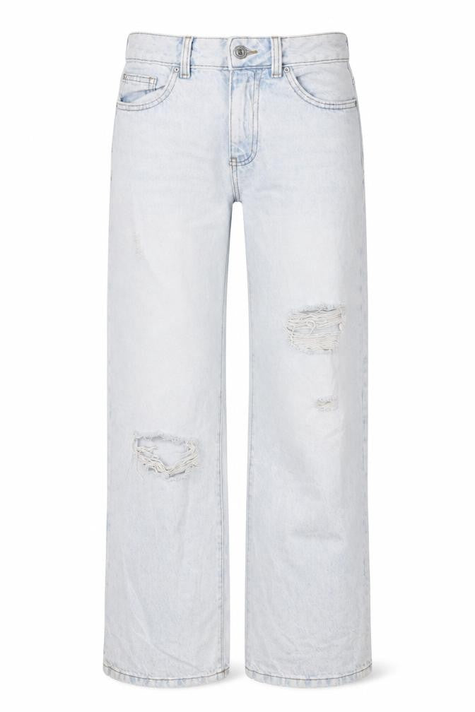 Front view of Denim & Co. women’s blue cotton bootcut jeans, size UK 8, 32-inch leg regular zip