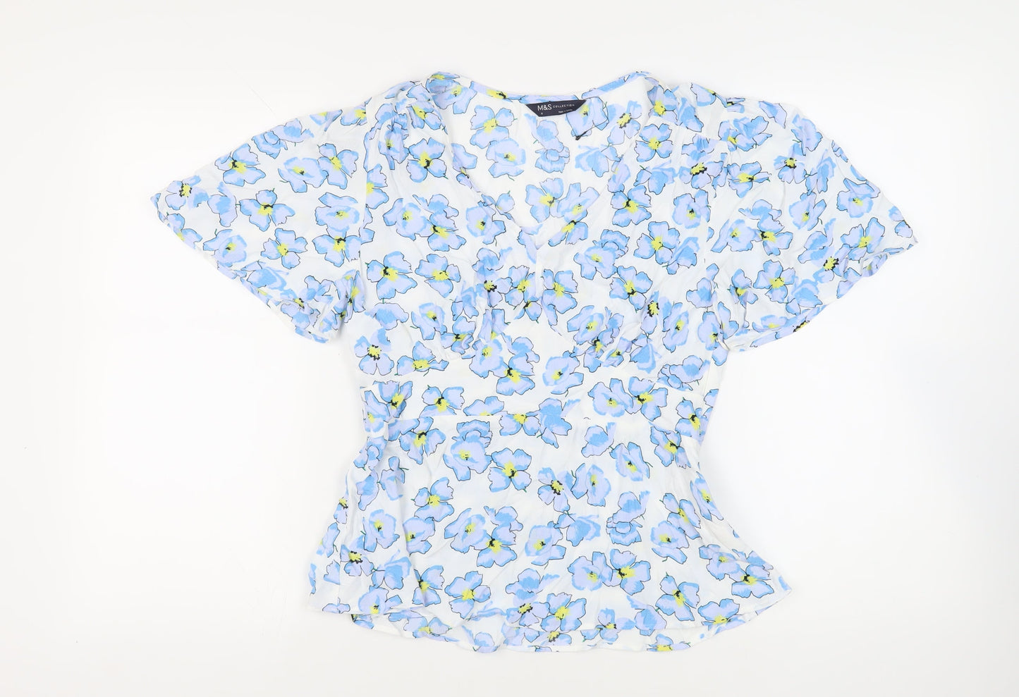 Marks and Spencer Womens White Floral Viscose Basic Blouse Size 10 V-Neck