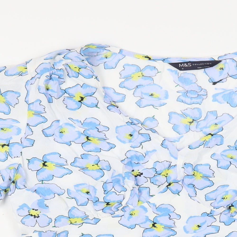 Marks and Spencer Womens White Floral Viscose Basic Blouse Size 10 V-Neck