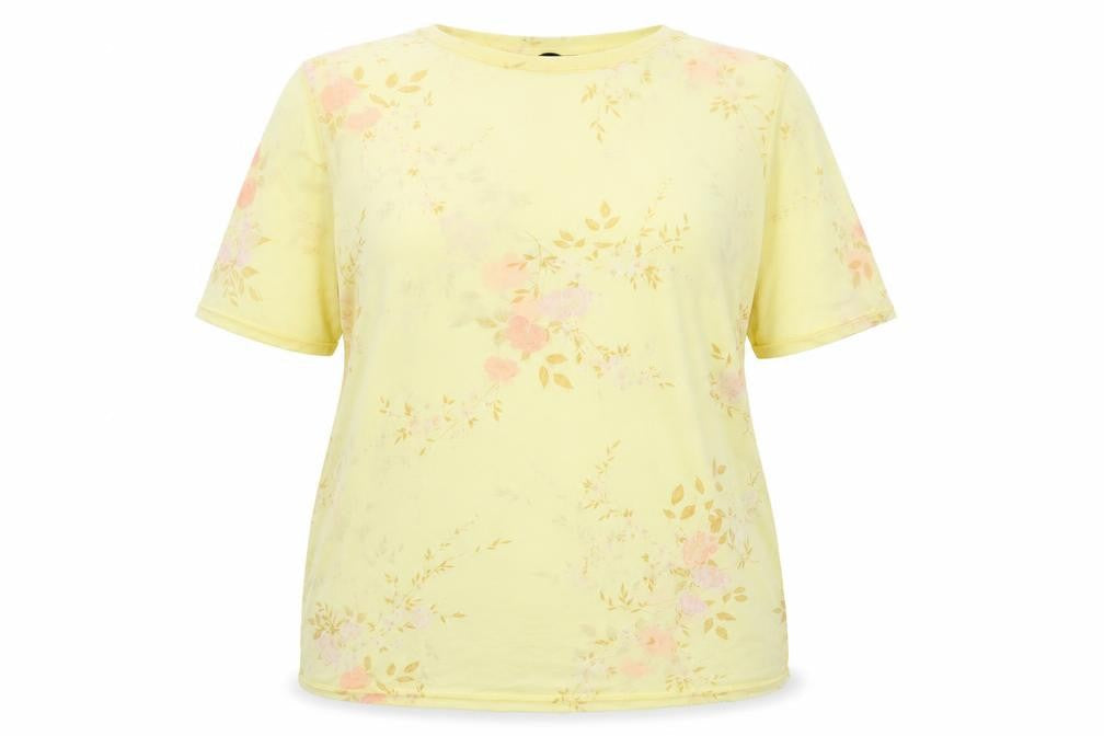 New Look Womens Yellow Floral Nylon Basic T-Shirt Size 16 Round Neck