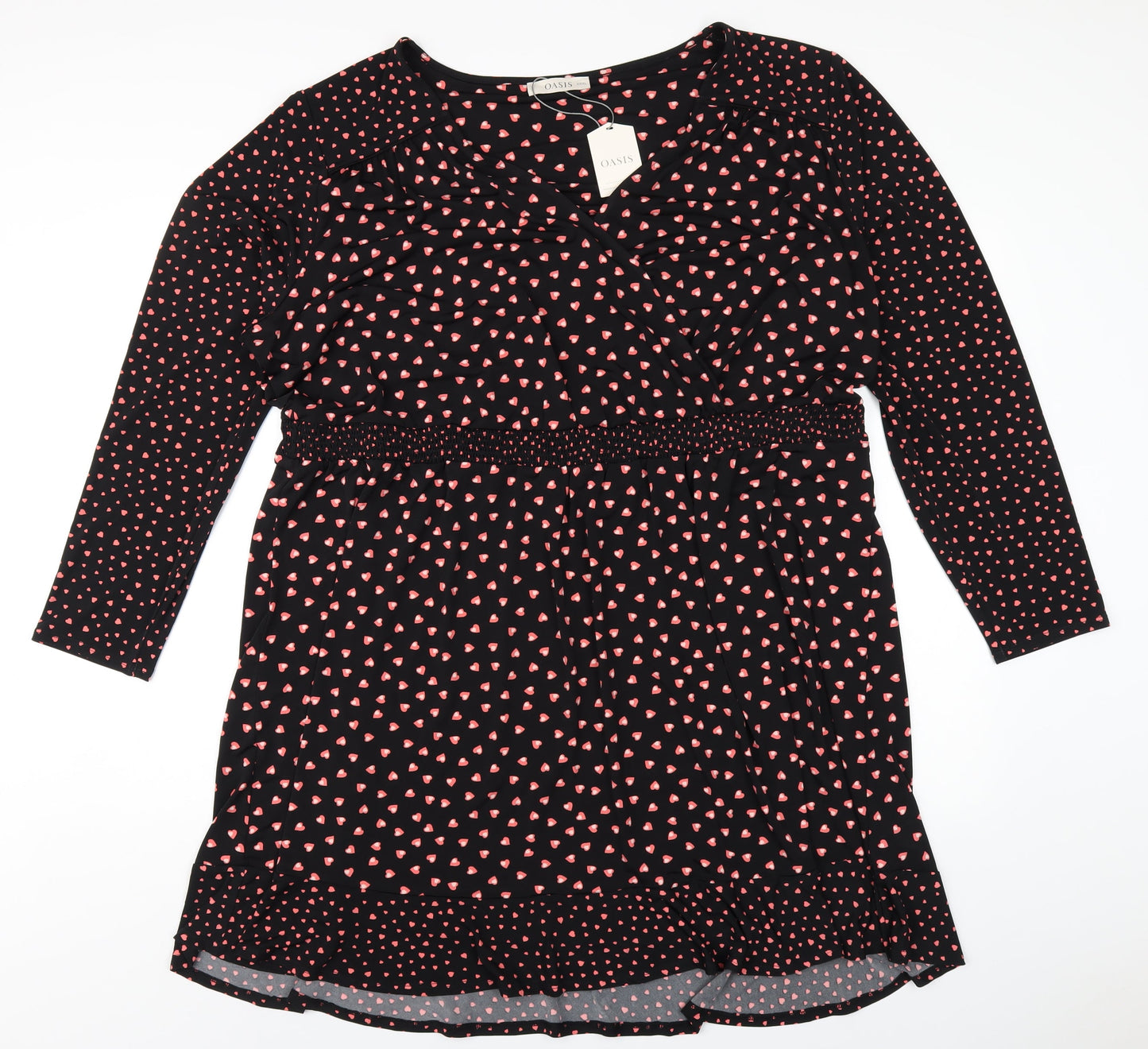 Oasis Womens Black Geometric Polyester A-Line Size 3XL V-Neck Pullover