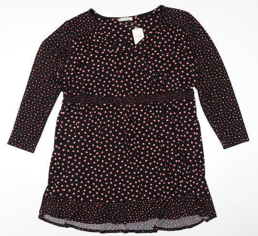 Oasis Womens Black Geometric Polyester A-Line Size 3XL V-Neck Pullover