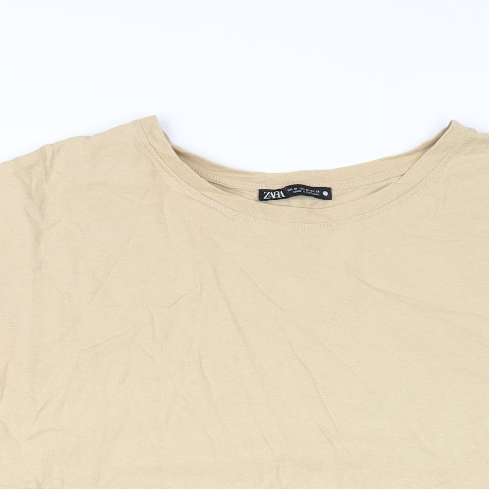Zara Womens Beige Cotton Basic T-Shirt Size M Round Neck