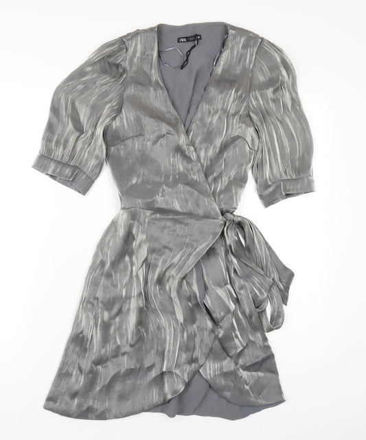 Zara Womens Silver Polyester Wrap Dress Size XS V-Neck Tie