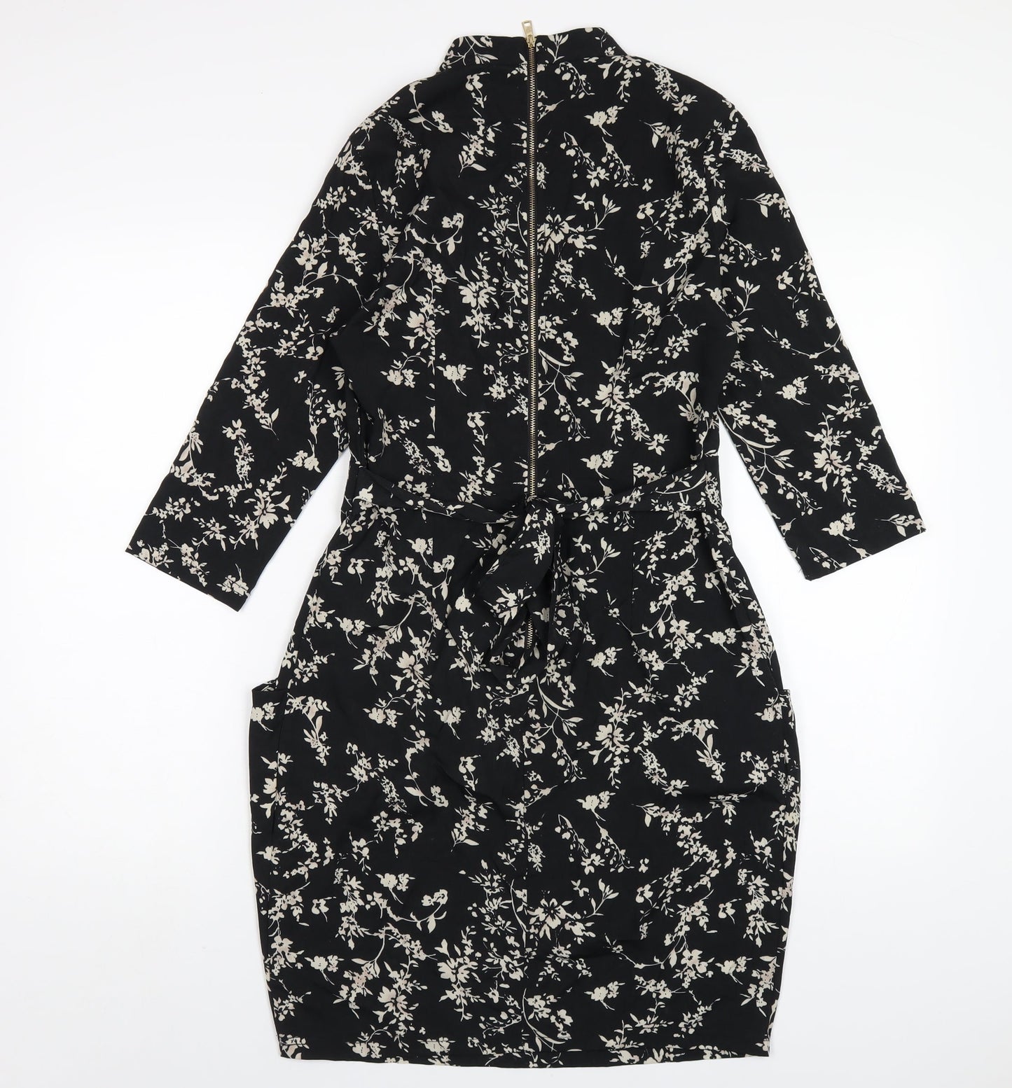 Blue Vanilla Womens Black Floral Polyester A-Line Size 10 Mock Neck Zip