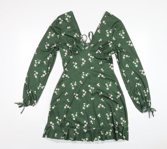 River Island Womens Green Floral Polyester A-Line Size 10 V-Neck Pullover