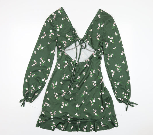 River Island Womens Green Floral Polyester A-Line Size 10 V-Neck Pullover