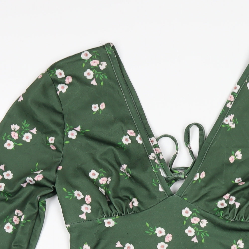 River Island Womens Green Floral Polyester A-Line Size 10 V-Neck Pullover