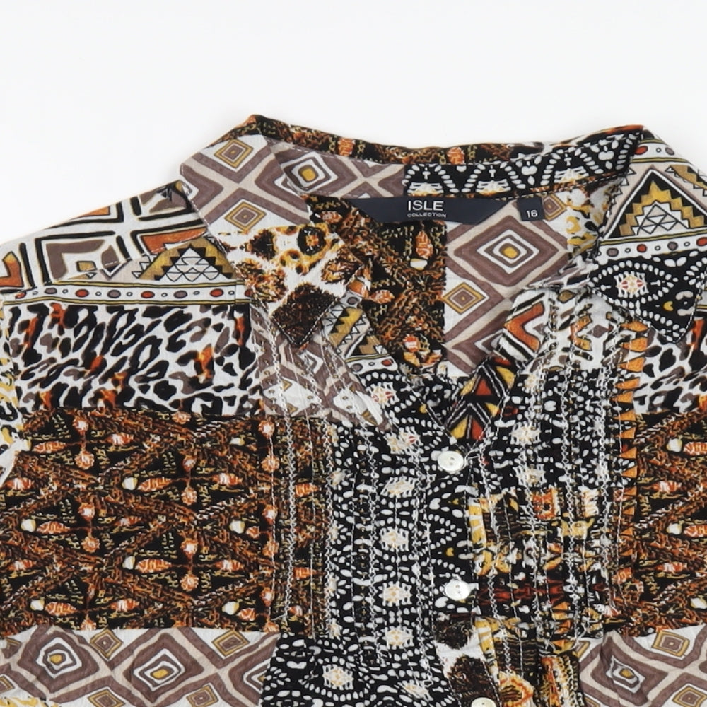 EWM Womens Multicoloured Geometric Cotton Basic Button-Up Size 16 Collared