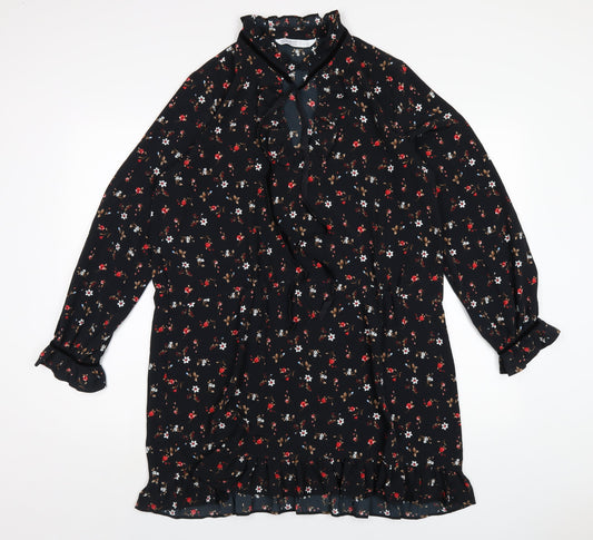 Zara Womens Black Floral Polyester A-Line Size L V-Neck Pullover