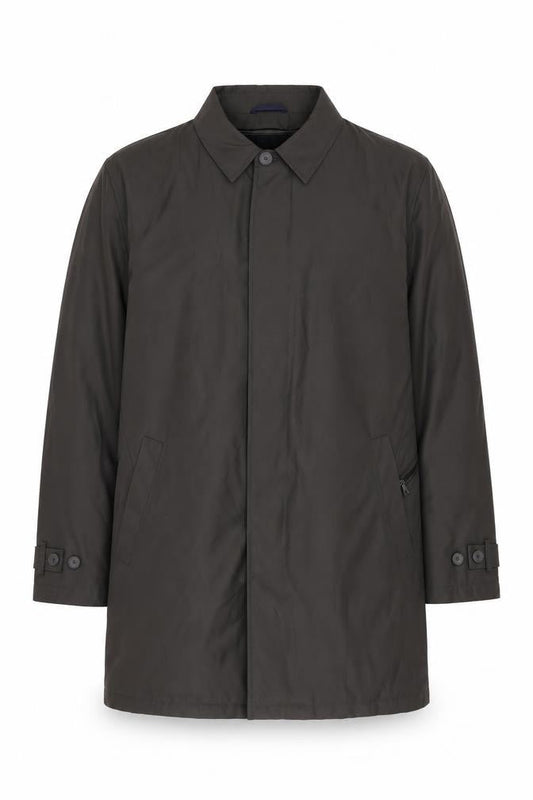 Front view of Autograph men’s green overcoat coat, size L, button