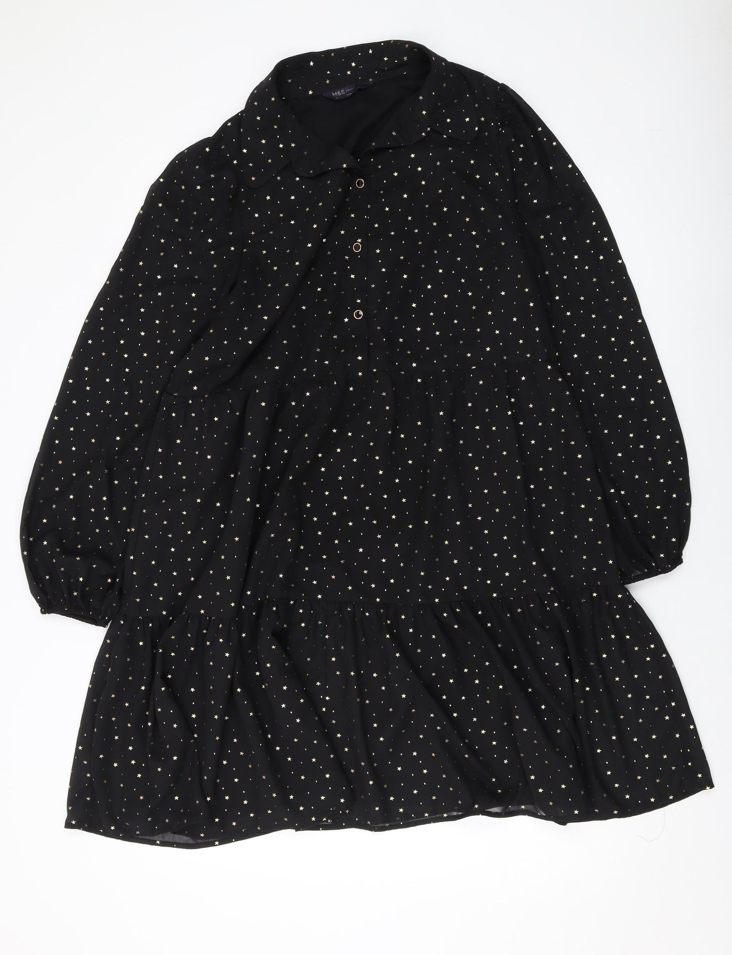 Marks and Spencer Womens Black Geometric Polyester A-Line Size 14 Collared Button