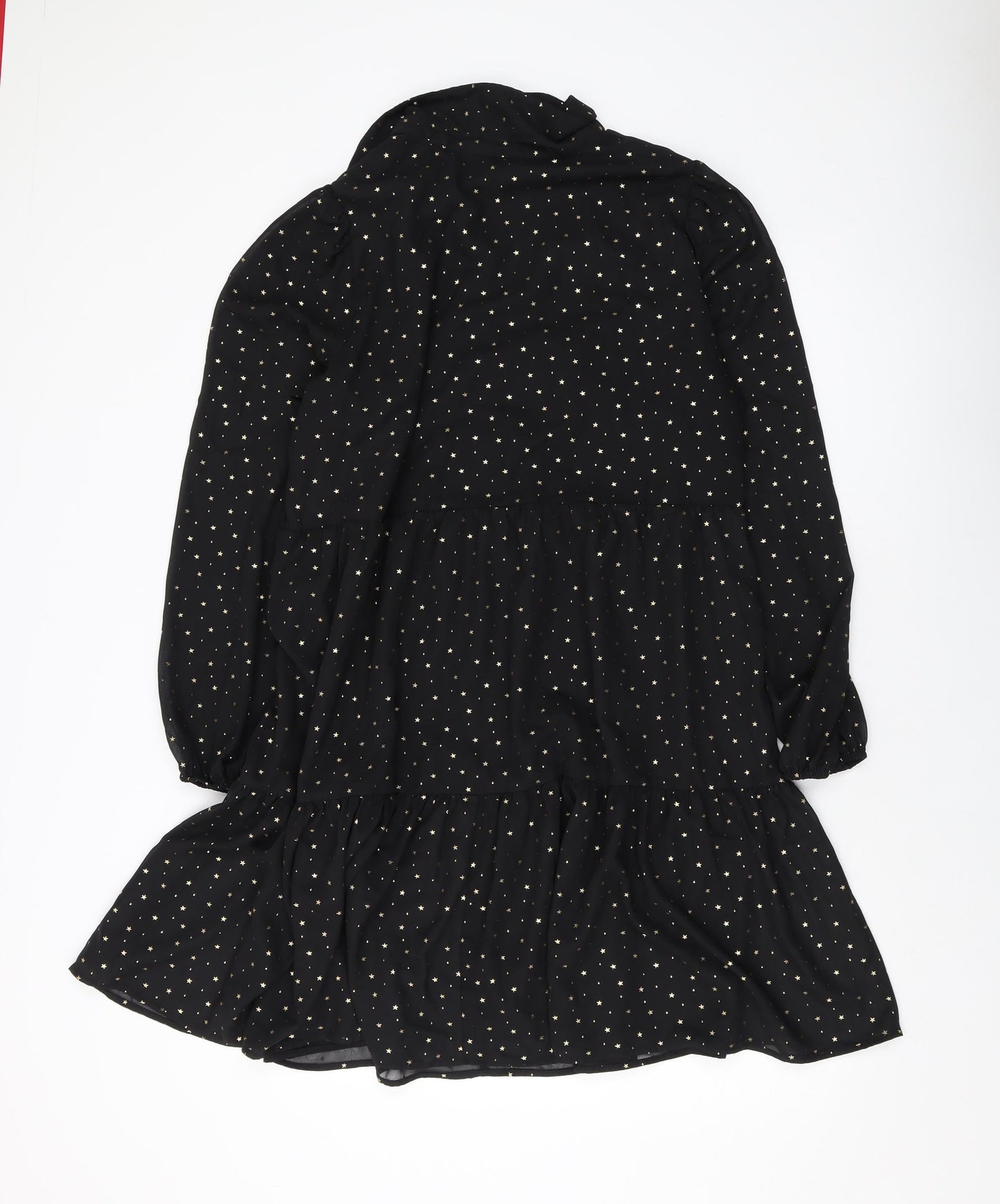 Marks and Spencer Womens Black Geometric Polyester A-Line Size 14 Collared Button