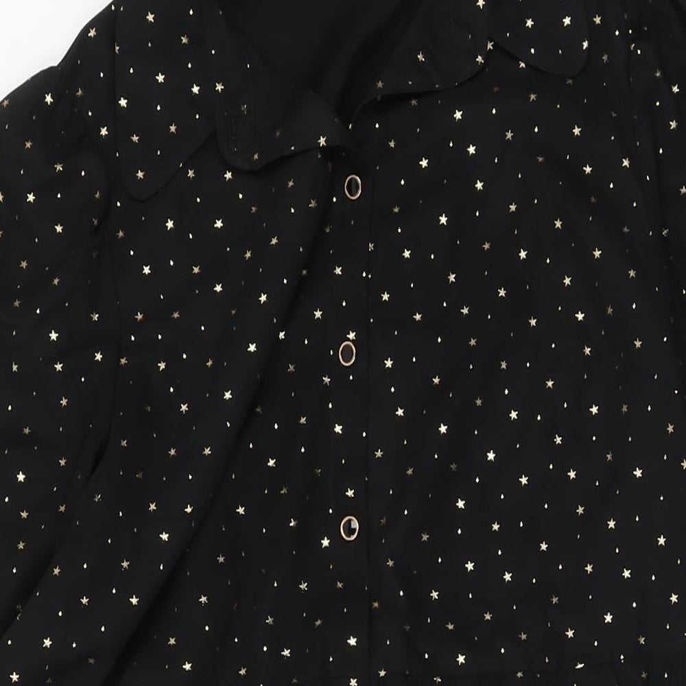 Marks and Spencer Womens Black Geometric Polyester A-Line Size 14 Collared Button