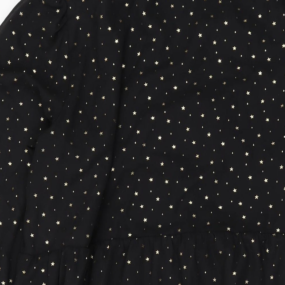 Marks and Spencer Womens Black Geometric Polyester A-Line Size 14 Collared Button