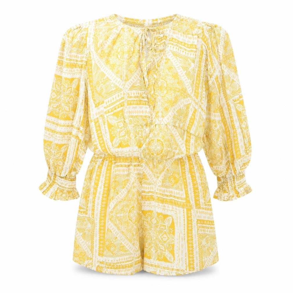 PRETTYLITTLETHING Womens Yellow Geometric Polyester Playsuit One-Piece Size 12 Tie