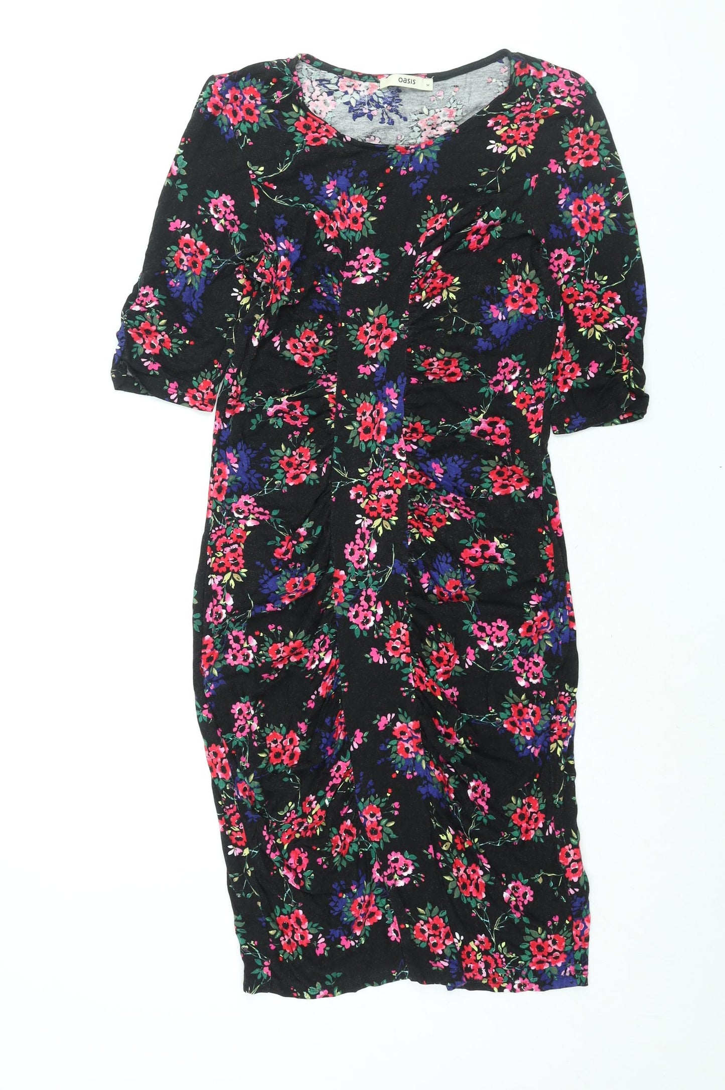 Oasis Womens Black Floral Viscose Bodycon Size M Round Neck Pullover - Rouched