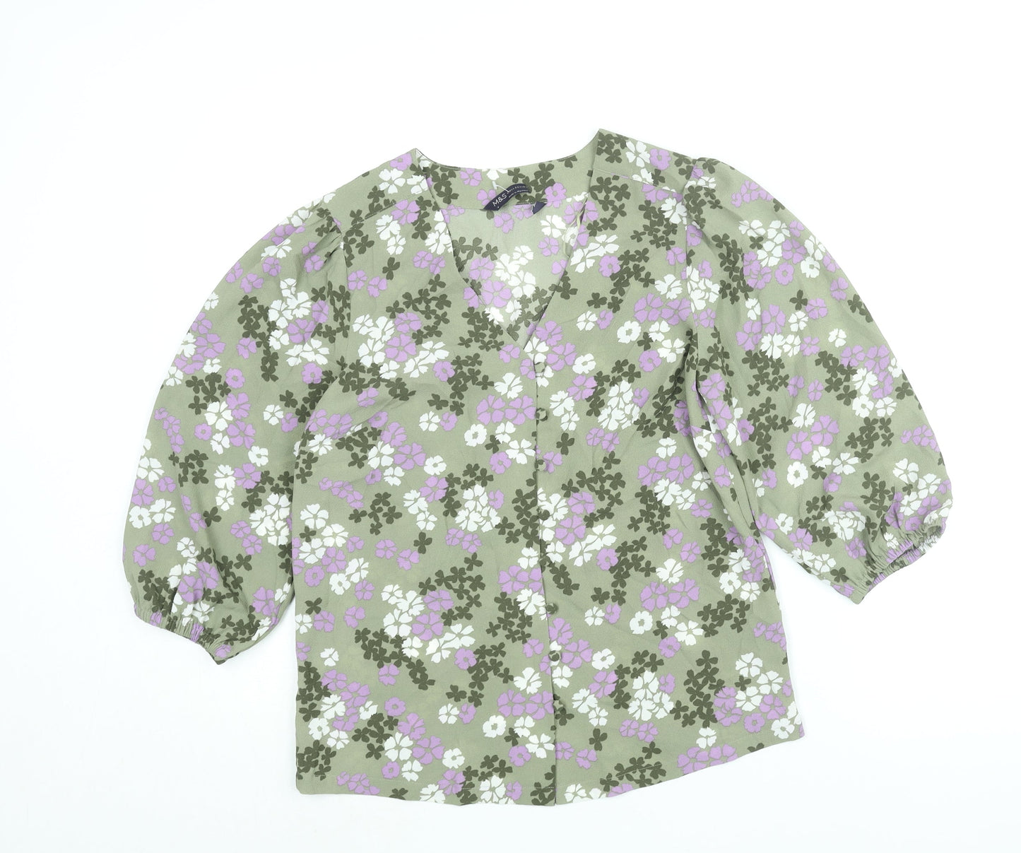 Marks and Spencer Womens Green Floral Polyester Basic Button-Up Size 8 V-Neck