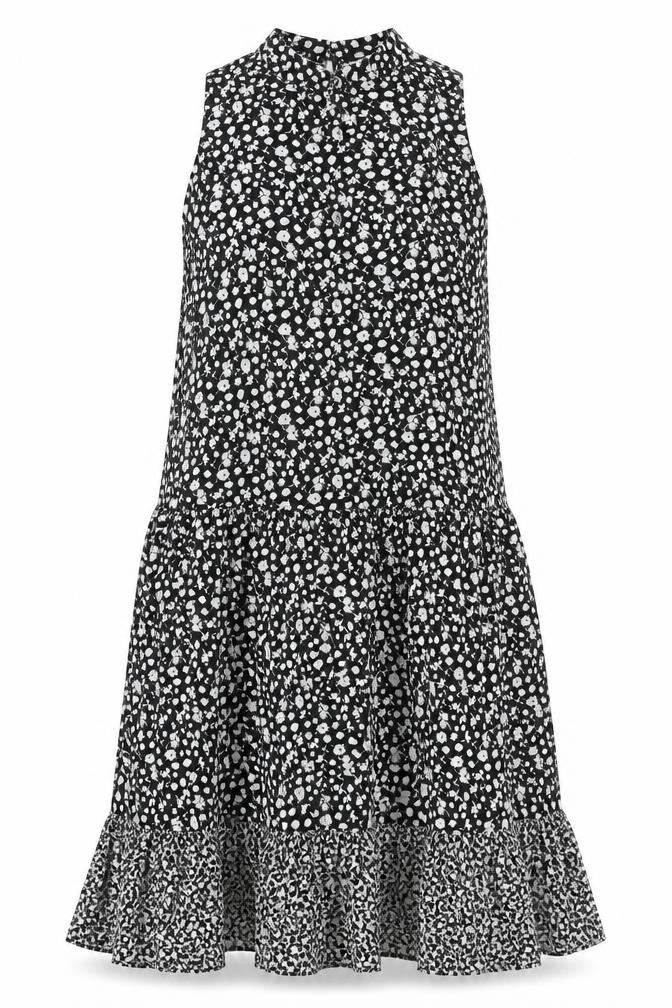 Topshop Womens Black Floral Viscose Shift Size 10 Mock Neck Button - Smocked