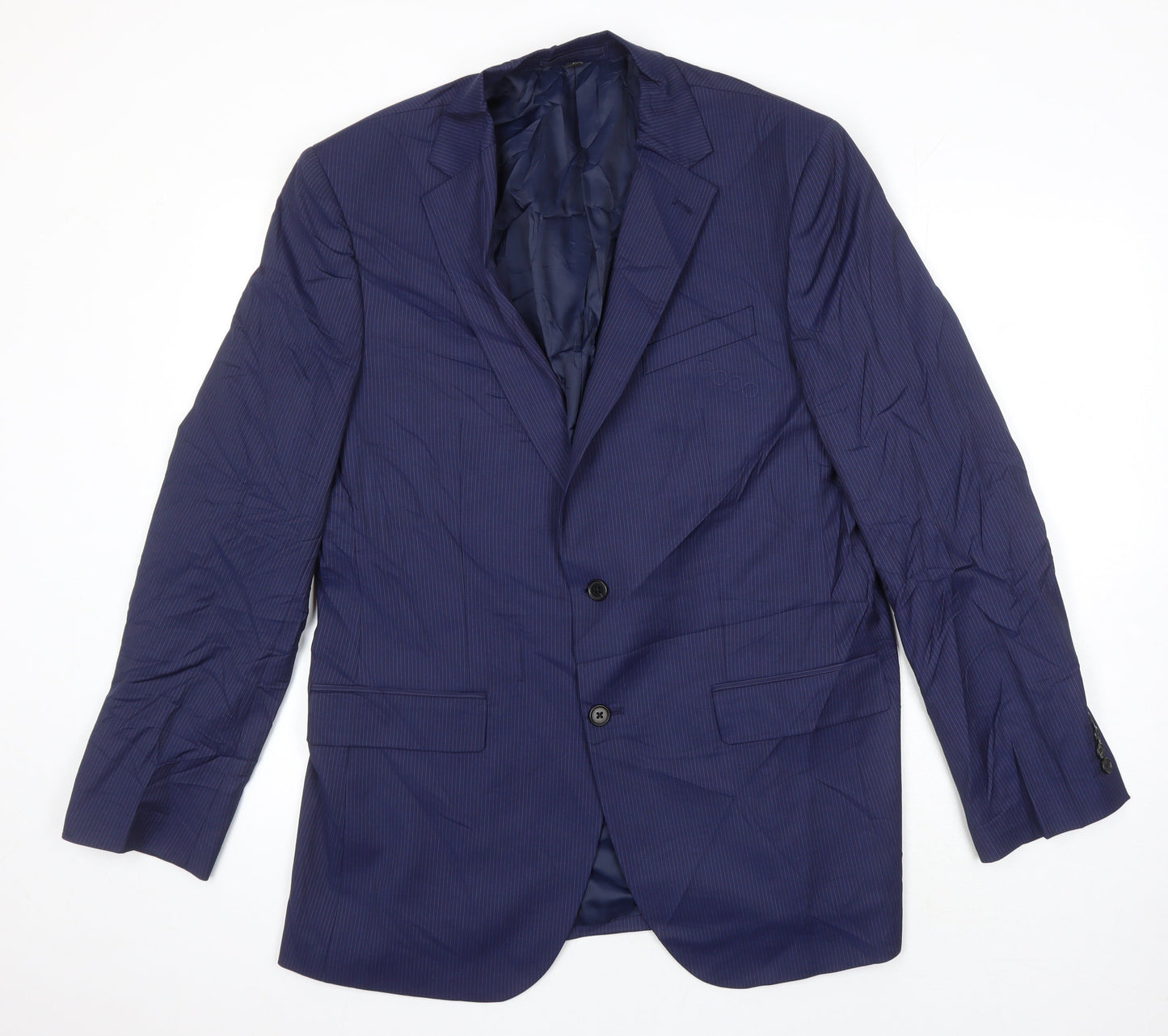 M&S Mens Blue Striped Polyester 2 Piece Suit Size 42 Regular