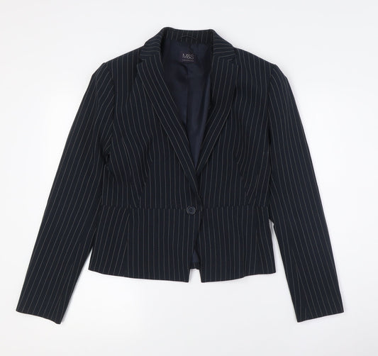 Marks and Spencer Womens Blue Striped Jacket Size 8 Button - Fitted