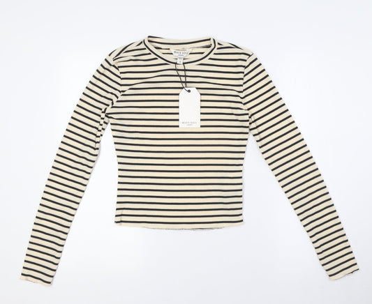 Brave Soul Womens Beige Striped Polyester Basic Button-Up Size S Crew Neck