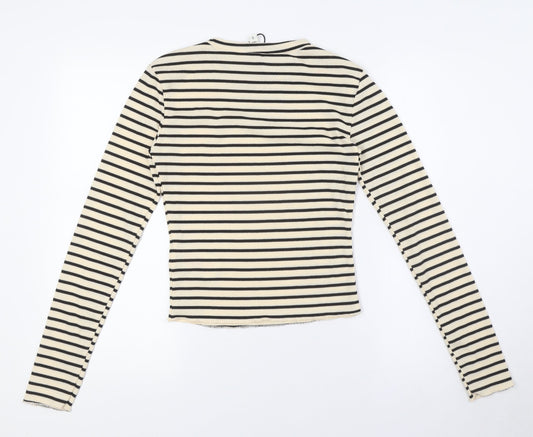 Brave Soul Womens Beige Striped Polyester Basic Button-Up Size S Crew Neck