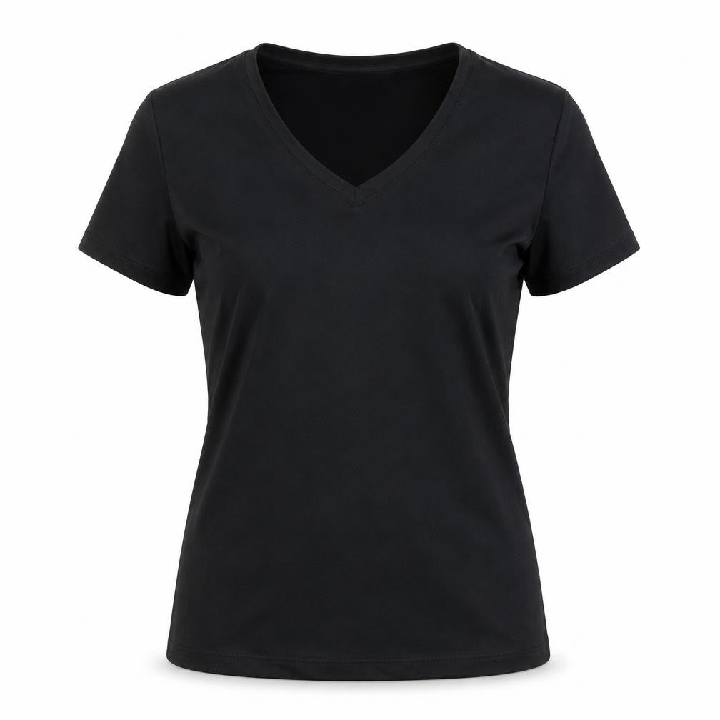Front view of 90 Degree women’s black polyester basic t-shirt, size L, v-neck