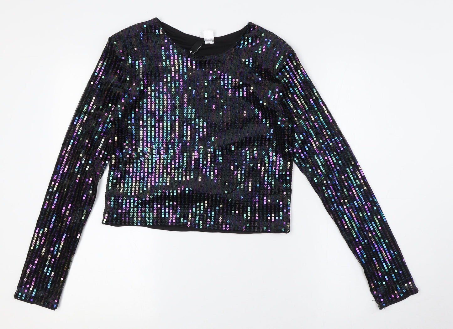 Divided by H&M Womens Black Polyester Basic Button-Up Size S Round Neck - Sequins