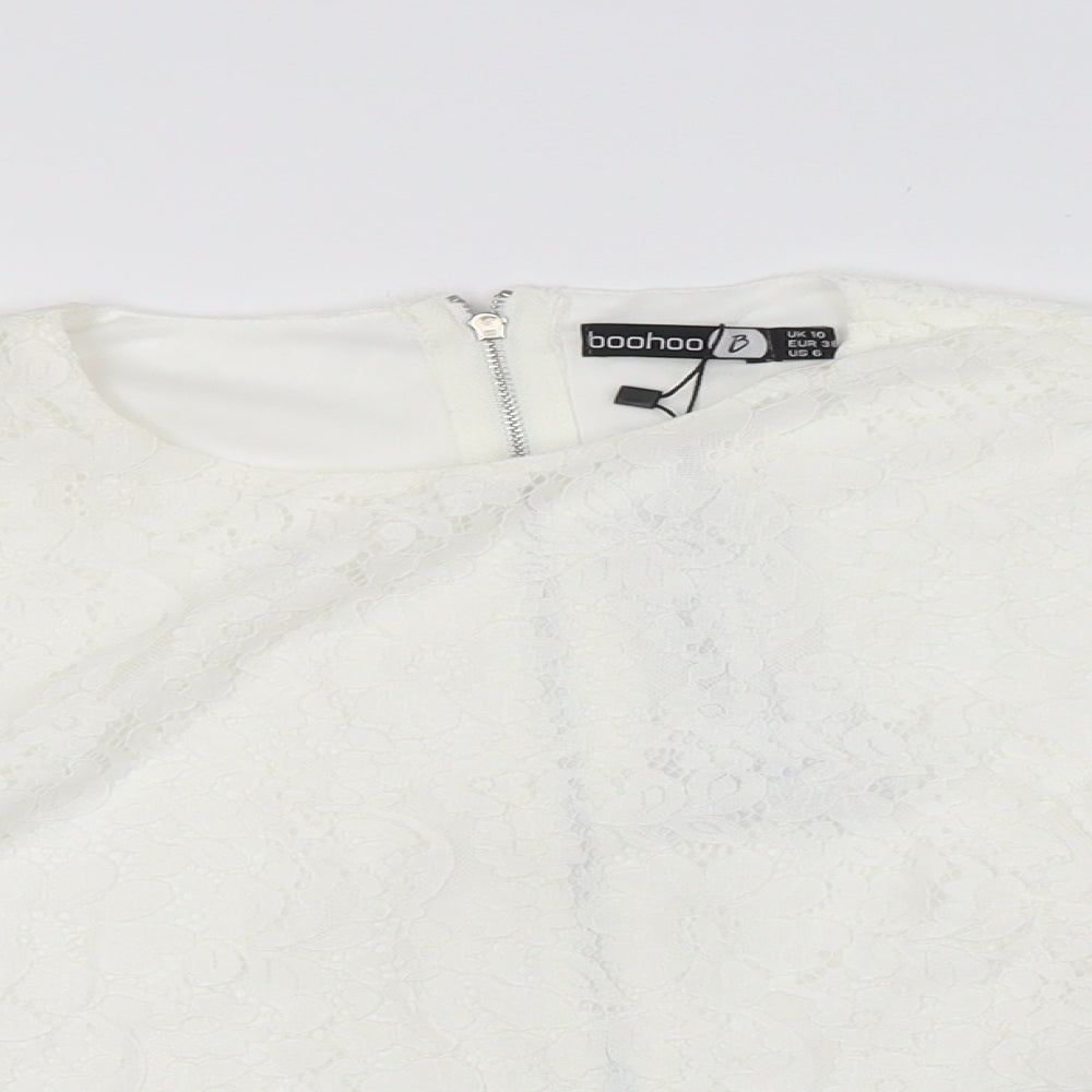Boohoo Womens White Cotton Cropped Button-Up Size 10 Round Neck