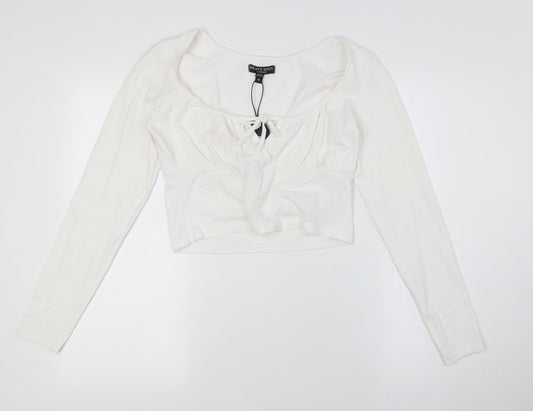 Brave Soul Womens White Cotton Cropped Button-Up Size M Scoop Neck