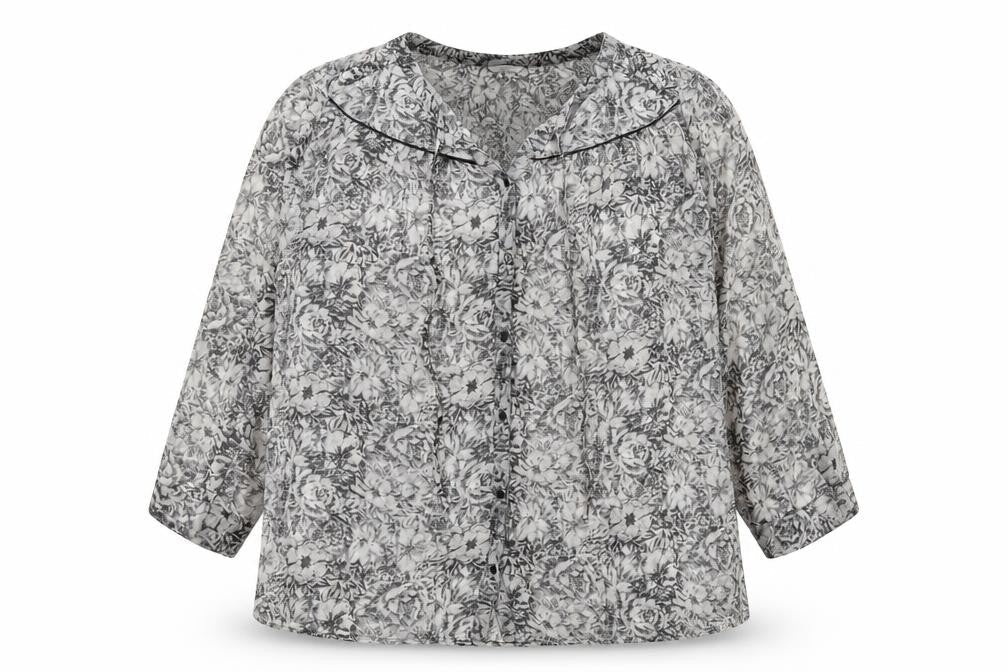 Ellos Womens Grey Floral Polyester Basic Button-Up Size 32 Round Neck