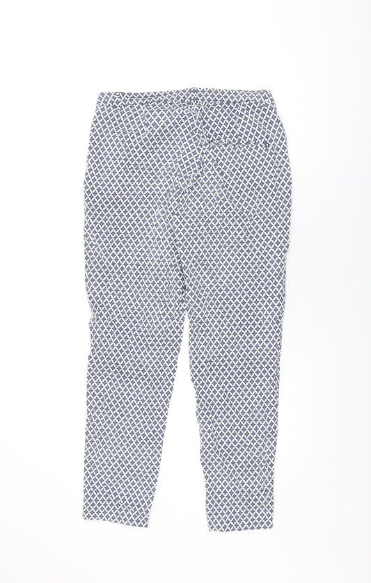 H&M Womens Blue Geometric Cotton Trousers Size 10 L27 in Regular Zip